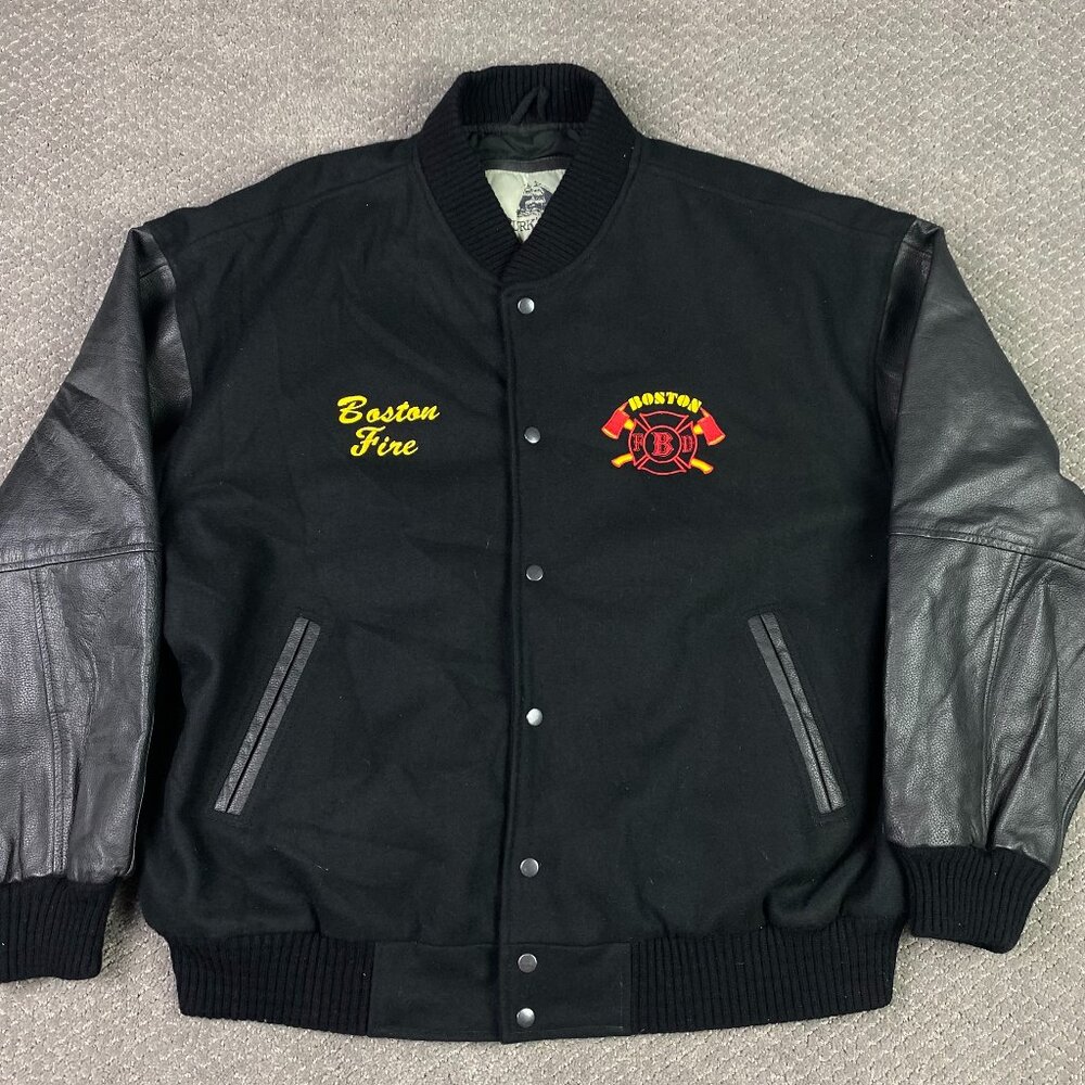 Boston Fire Department Jacket Varsity Letterman Wool Leather BFD Men's 2XL Black